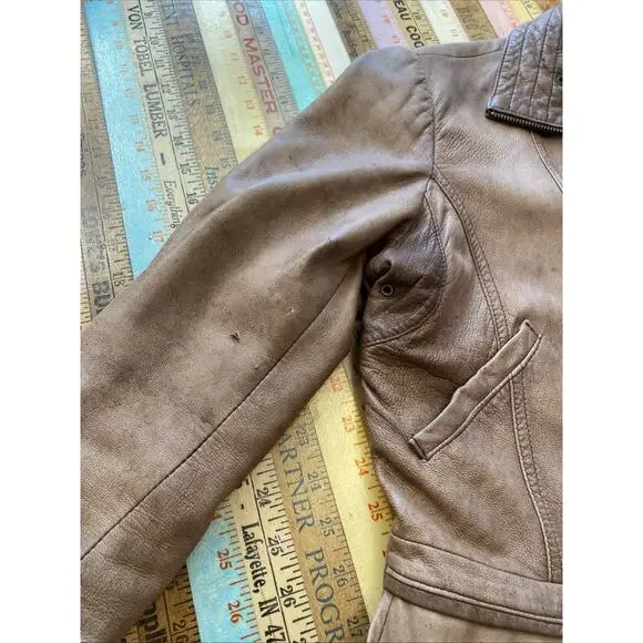 Y2K Vintage Moto Jacket Italian Leather Zip Brown SR Clothing Womens L READ - Picture 12 of 16